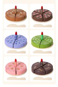 Wooden simulation cake cut toys set, kids kitchen pretend play educational toys with various colors.
