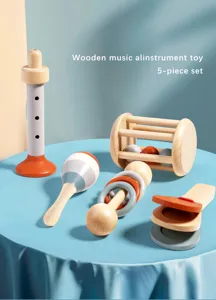 Detailed view of the 5-piece wooden kids musical instrument toy set for early learning.