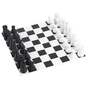 Modern black and white chess set with 3D faceted plastic pieces and board game