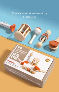 Wooden musical instrument toy set for kids, 5 pieces baby wooden percussion toys detail view.