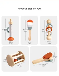 Wooden baby musical toy set including rattle and maraca with size display and dimensions.