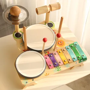 Wooden kids percussion instrument multifunctional toy featuring hand drum and colorful xylophone.