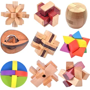 Wooden interlocking puzzle set brain teaser educational toy for kids and adults 9pcs