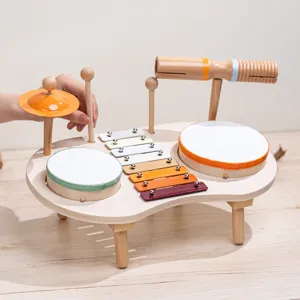 Wooden multi-functional musical instrument toy for kids, xylophone drum set for early learning.