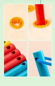 Close-up details of children wooden lacing board toy, showing colorful wooden pegs and rings.