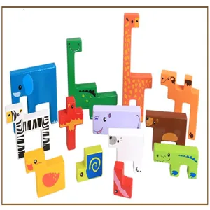 Houten dieren blok puzzel set, vroege educatieve 3D geometrische speelgoed voor peuters en kids.
