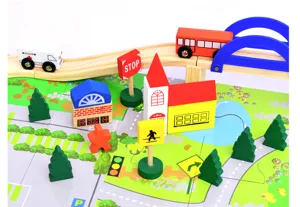 Wooden railway car toy set with tracks overpass building traffic signs for children.