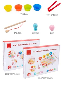 Wooden 3-in-1 matching board toy component and packaging box detail display with dimensions.