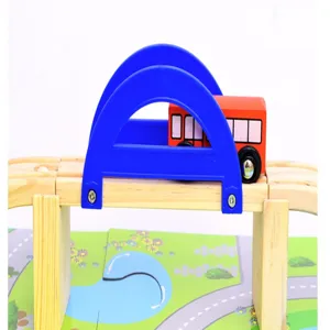 Kids educational wooden toy overpass track set detail view, safe puzzle city traffic model.