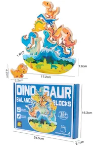 Vue détaillée des dimensions des blocs d'empilage dinosaures en bois, jouet éducatif 3D.