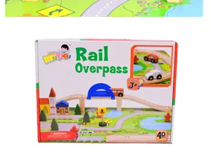 Detailed view of wooden rail overpass toy packaging box showing 40pcs city traffic set.