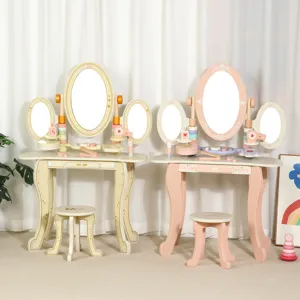Children Wooden Pretend Play Vanity Table Makeup Toy Set Girl Princess Dress Up Educational Toy Gift with Mirror