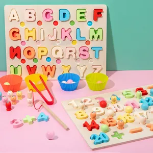 Wooden 3 In 1 Montessori Toy Number Letter Matching Board Magnetic Fishing Bead Game Educational Toys For Toddlers Kids