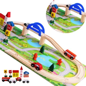 Kids Wooden Railway Track Building Blocks City Traffic Scene Educational Toy Puzzle Assembly Car Set