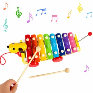 Children wooden 8-note xylophone pull-along toy with cute dog design and mallets for early music education.