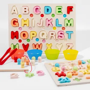 Wooden alphabet number matching board set with magnetic fishing toys and sorting cups.