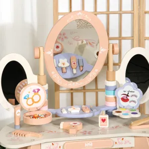 Kids wooden pretend play vanity set with rotating mirror, storage drawer and makeup toy accessories.