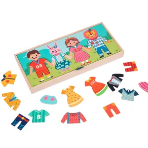 Kinder Holz Anziehpuzzle Spielset mit bunten Kleidungstücken für frühe Bildung und Spaß.