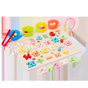 Wooden 3-in-1 number matching board toy set with magnetic fishing and sorting beads.