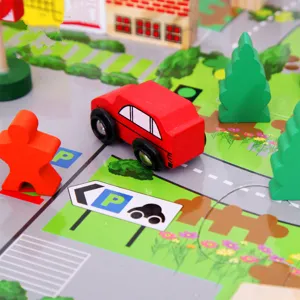 Wooden traffic toy set for kids, includes red car, trees, figures and city play mat.