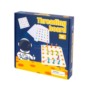 Kids wooden threading board educational toy box with colorful pegs and beads for learning.