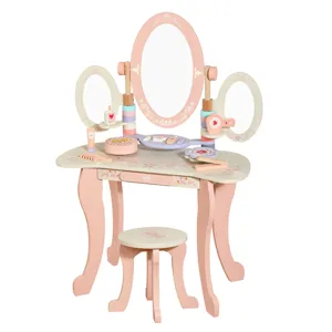 Kids wooden vanity table set with mirror and stool, princess pretend makeup toy for girls.