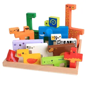 Houten educatief dier tetris puzzel blokken speelgoed, kleurrijke geometrische stapelvormen kids.