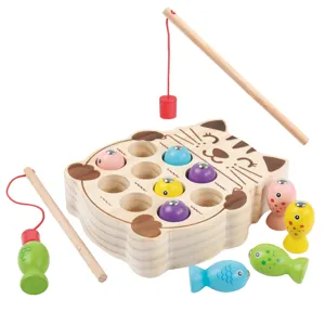 Wooden cat fishing toy for kids, magnetic educational double rod game with colorful fish.