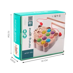 Wooden magnetic cat fishing toy for kids, toddler educational game with two rods and colorful fish.