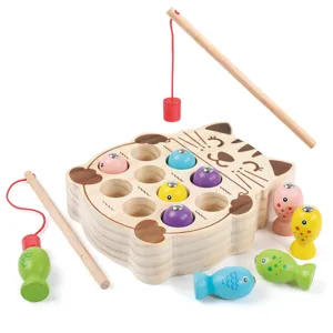 Wooden magnetic fishing toy for kids, cute cat shape board with two rods and colorful fish.