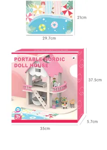 Set di gioco casa delle bambole nordica portatile con mobili in miniatura e personaggi.