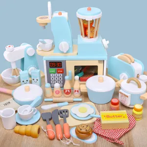 Ensemble de Jouets de Cuisine de Simulation en Bois Enfants Jeu de Rôle Mixteuse Machine à Pain Cafetière Four Jouet Éducatif Cadeau