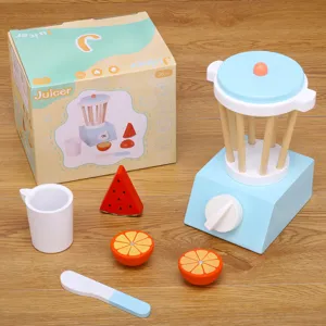 Set frullatore giocattolo in legno per bambini, cucina finta gioco con frutta da tagliare.