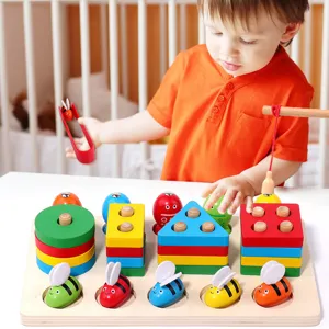 Hölzernes Montessori Steckspiel mit Geometriesäulen, Bienen greifen und Angeln für Kinder.