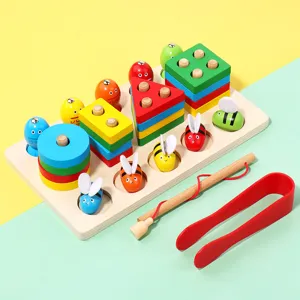 Hölzernes Montessori-Formen-Sortierspielzeug, magnetisches Angeln und Bienen-Greifset für Kinder.