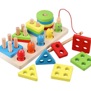 Pädagogisches Holz Montessori Formensortierer Spielzeug Set mit Stapelblöcken und Angelspiel.