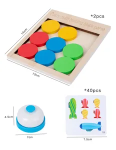 Wooden educational children push puzzle game detail showing wooden board, blocks, bell and cards.