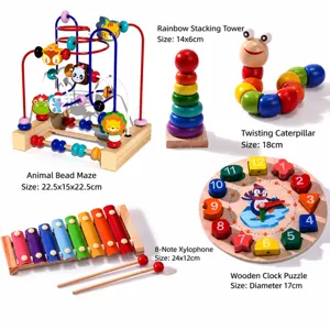 Wooden baby educational toy set including bead maze, rainbow tower, xylophone, clock and worm.