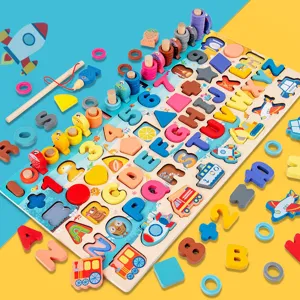 Jouet educatif Montessori en bois 7 en 1 pour enfants avec chiffres, lettres et peche