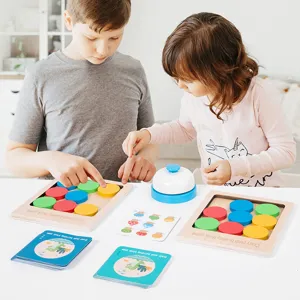 Wooden children puzzle board game set with colorful blocks and interactive bell for logic training