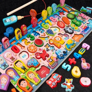Tableau de jouet de pêche de mathématiques numériques d'éducation précoce multifonction en bois.