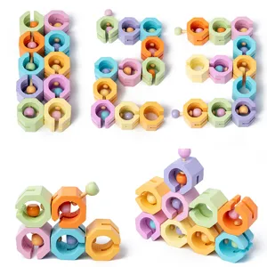 Wooden creative interlocking building blocks, colorful educational geometric puzzle toys for kids.