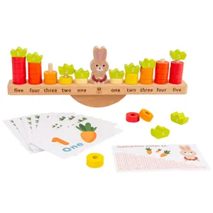 Wooden balance math counting toy with cute rabbit scale, colorful number blocks and cards.