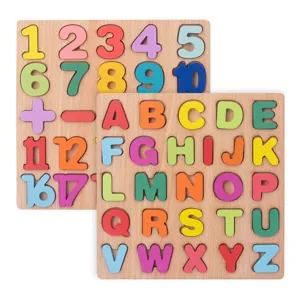 Wooden alphabet and number puzzle board for kids early education and learning toys.