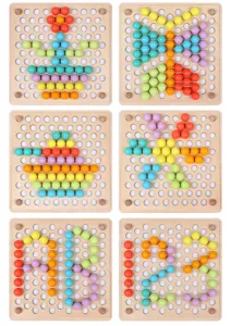 Detailed view of Montessori wooden bead puzzle toy with colorful patterns for motor training.