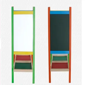 Wooden double sided children drawing board detail view showing colorful frame and tray.