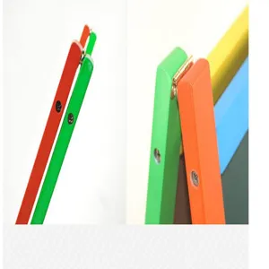 Wooden kids drawing board hinge detail, colorful wood frame construction, durable hardware