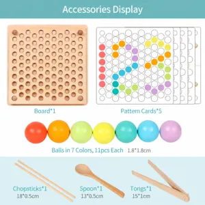 Wooden Montessori bead sorting game toy set with baseboard cards and tools for kids learning.