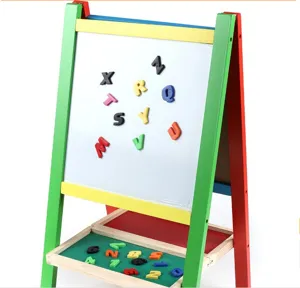 Kids wooden double-sided magnetic drawing board with letters and numbers for early learning.