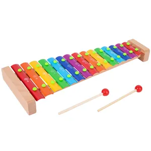 15-note wooden xylophone with colorful metal bars and two mallets for children early music toys.